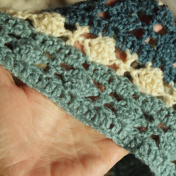 Vintage 1960s Afghan, Blue and White Striped Crochet Lap Blanket or Throw - Picture 6 of 12